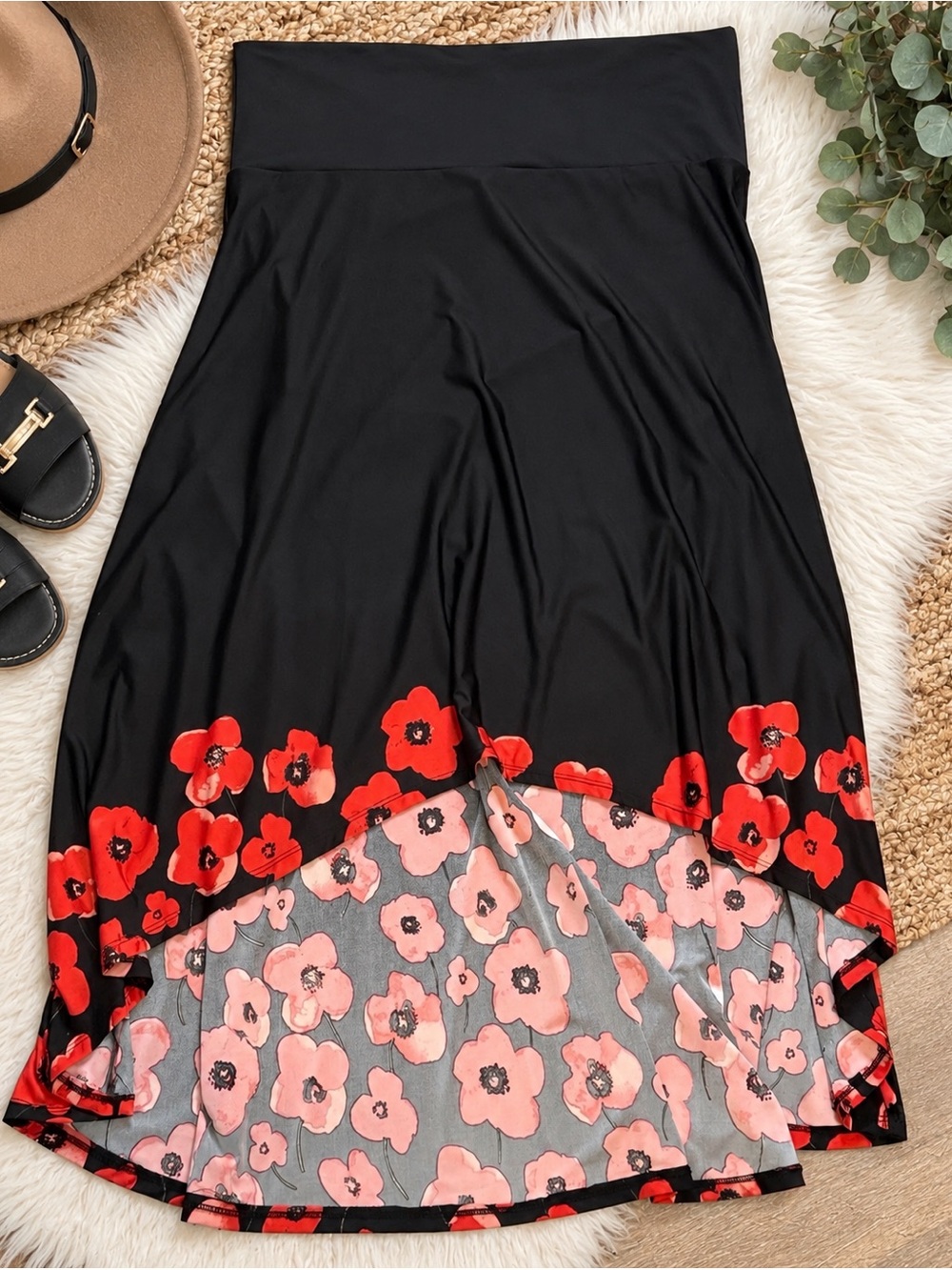 LuLaRoe Floral Poppy High Low Maxi Skirt Black Red Pink Plus Size 3XL
